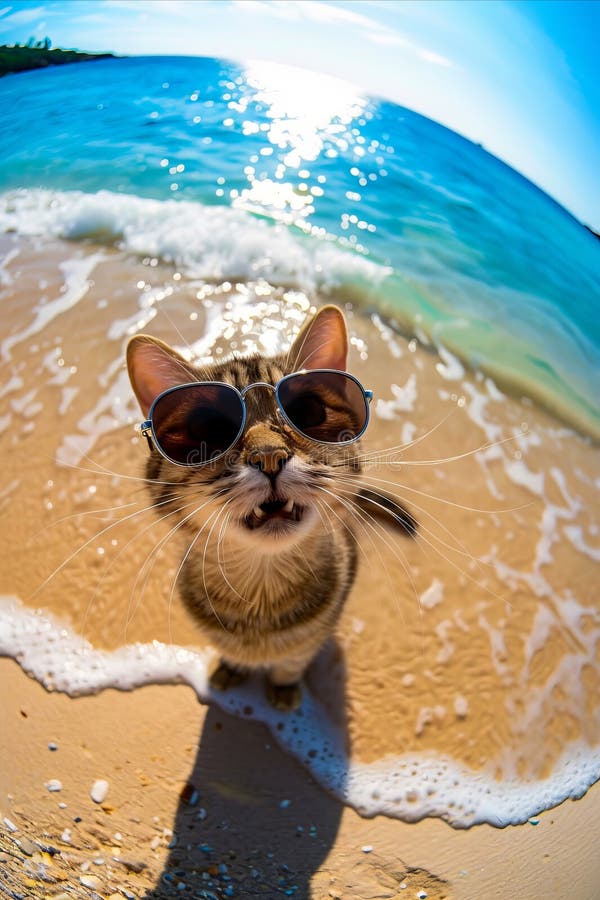 Un gato con gafas de sol en la playa fotografía de archivo