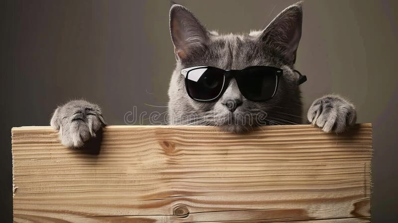 Un gato con gafas de sol está mirando sobre un cartel de madera fotografía de archivo