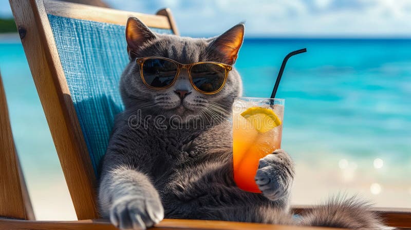 Un gato con gafas de sol sentado en una silla con una bebida fotografía de archivo