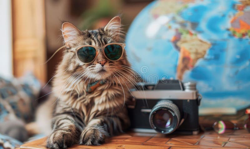 Un gato lindo con gafas de sol con cámara y mapa de fondo. Lindo ginger cat usando gafas de sol con cámara y mapa de fondo