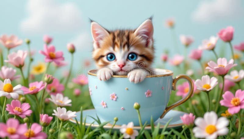 Un gattino che esce da una tazza di tè in un campo di fiori ai ha generato un'illustrazione digitale in stile arte con ago illustrazione di stock
