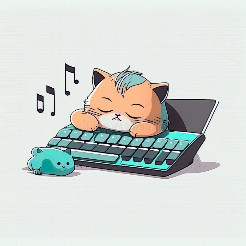 Un gatto assonnato con una tastiera su computer ascolta musica cartoni animati in stile chibi illustrazione di stock