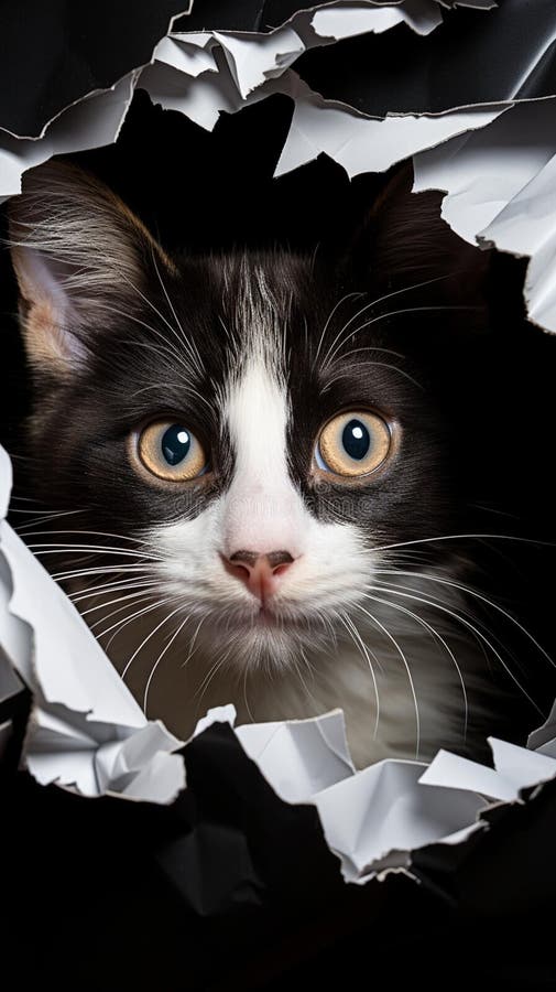 Un gatto bianco e nero sta traboccando fuori da una carta stracciata. Un'immagine generata dall'ai di un gatto domestico bianco e nero è vista mentre sbircia da dietro una pila di carta stracciata