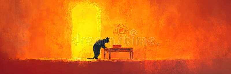 Un gatto curioso esplora una stanza misteriosa nella vecchia villa con simboli antichi e segreti inesistenti illustrazione vettoriale