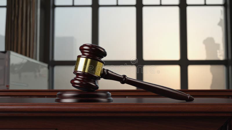 Un gavre de bois est posé sur un bureau en bois. Le gavel est grand et a une poignée en or. Le bureau est vide et la pièce est faiblement éclairée par l'IA générée