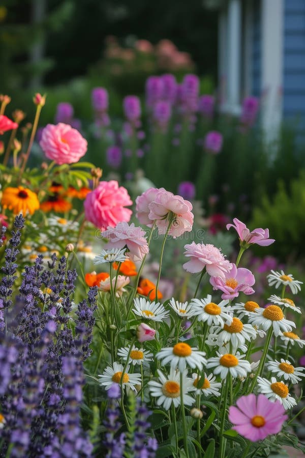 Un giardino di cottage selvaggio, con perenni fiorenti come rose lavanda e margherite. fotografia stock