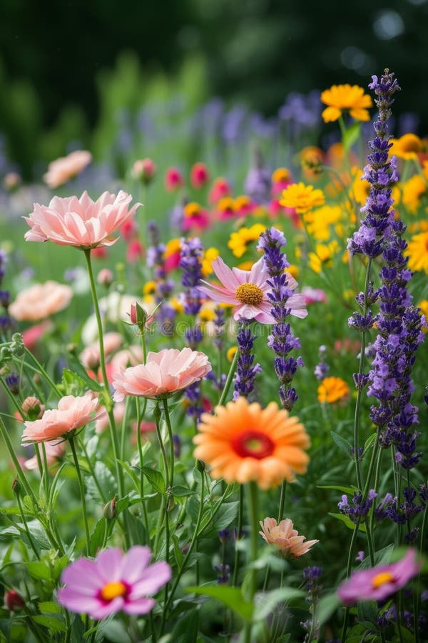 Un giardino di cottage selvaggio, con perenni fiorenti come rose lavanda e margherite. immagini stock