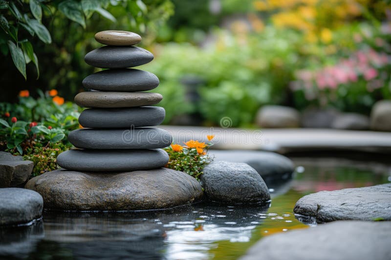 Un giardino tranquillo di meditazione con pietre impilate da una tranquilla riflessione sull'acqua circondata da una vivace flora immagine stock