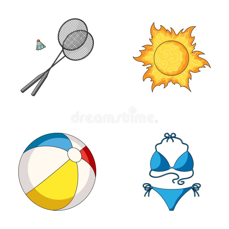 Un gioco di volano, una palla ed il sole Le icone stabilite della raccolta di vacanze estive nello stile del fumetto vector le az illustrazione vettoriale Un gioco di volano, una palla ed il sole Le icone stabilite della raccolta di vacanze estive nello stile del fumetto vector le az illustrazione vettoriale