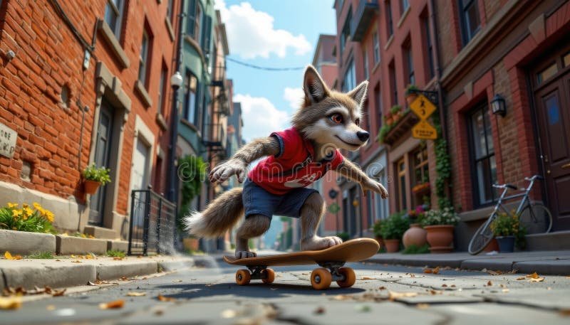 Un giovane lupo che cavalcava uno skateboard in un vicolo della città — ha generato un'illustrazione digitale in stile arte ad ago illustrazione di stock