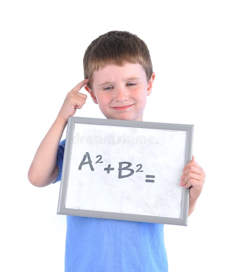 A young boy has a math formula on a board with a blank answer and he is thinking about it on a white isolated background. A young boy has a math formula on a board with a blank answer and he is thinking about it on a white isolated background.