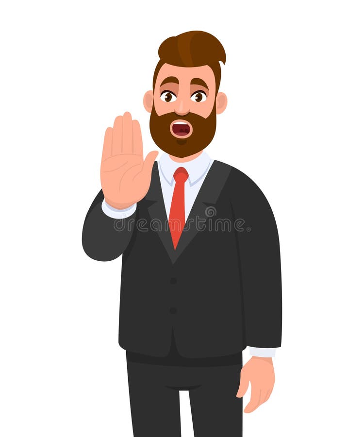 Un giovane uomo d'affari trendy che fa o mostra un gesto di stop con la mano, dicendo di no Segnale di avvertimento della persona royalty illustrazione gratis