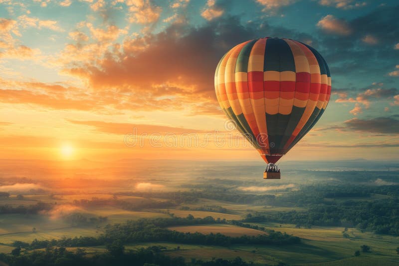 Un globo de aire caliente se desliza con gracia en un cielo colorido. las rayas vibrantes atrapan la luz solar que se desvanece. i. Experimentar la emoción de un paseo en globo aerostático. esta imagen captura la serena belleza del cielo al atardecer. perfecto para viajes y proyectos de aventura. ai generativo