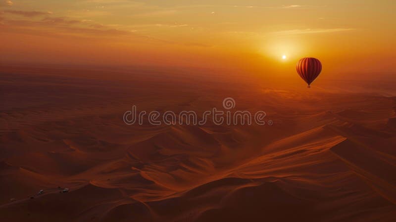 Un globo de aire caliente se desliza sobre el desierto al amanecer, ofreciendo una vista impresionante del sol que se eleva sobre imagenes de archivo