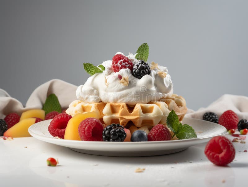 Un gofre dorado con crema batida y fruta stock de ilustración