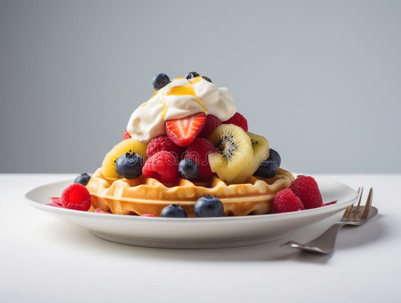 Un gofre dorado con crema batida y fruta stock de ilustración