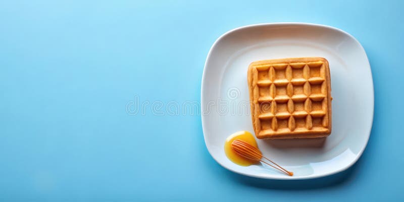 Un gofre dorado en un plato blanco con una llovizna dulce. libre illustration