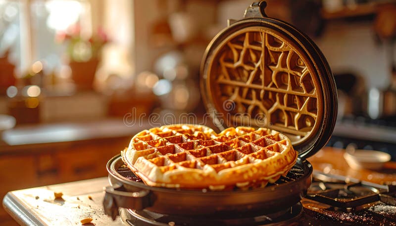 Un gofre dorado se sienta en una plancha de waffle vintage al aire libre bañada por una luz de cocina caliente libre illustration
