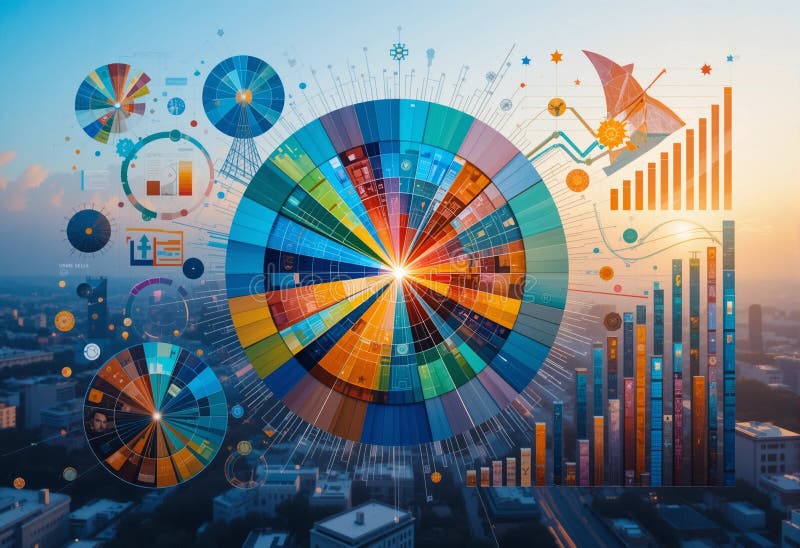 Un grafic colorat cu multe linii și cercuri colorate diferite stock illustration