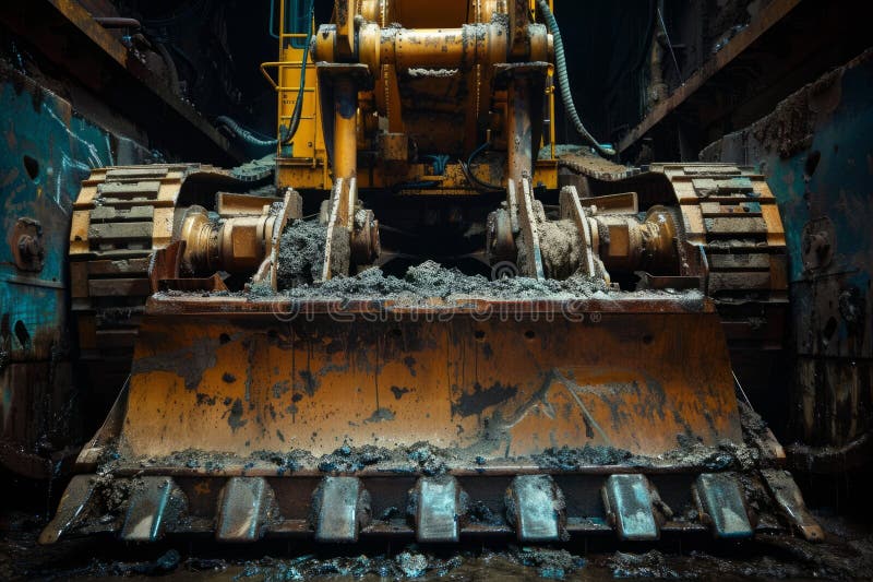Un grand appareil de machinerie lourde jaune photographié dans une scène sombre. Ai réseau neuronal généré. Réseau neuronal création d'art.