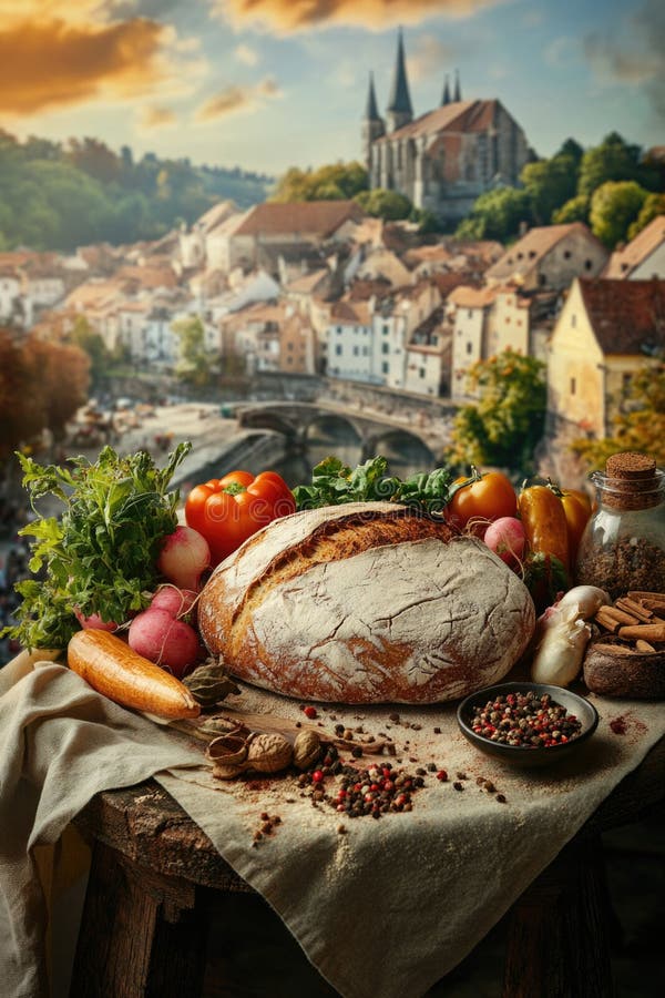 Un grand pain est posé sur une table avec une variété de légumes et d'épices photographie stock