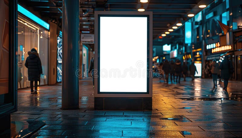 A large white billboard sits on a wet sidewalk in a city by AI generated image. A large white billboard sits on a wet sidewalk in a city by AI generated image.