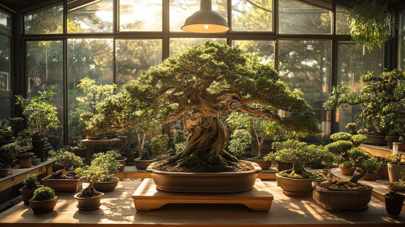 Un grande albero bonsai in una serra con altri alberi bonsai sullo sfondo illustrazione di stock