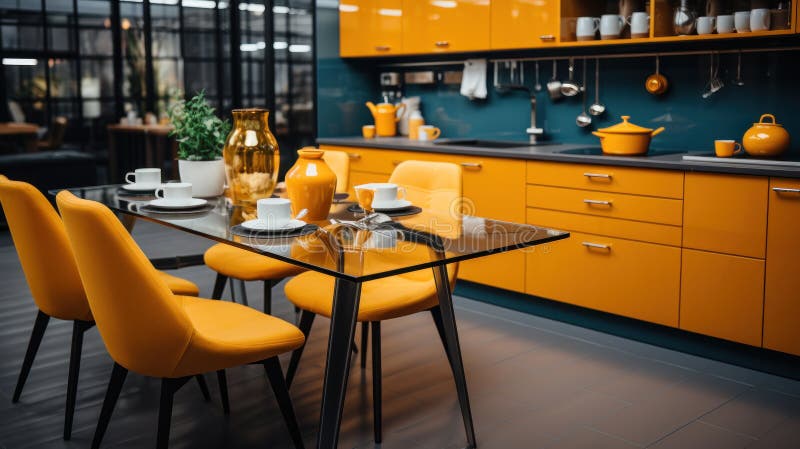 A large table for 4 people with bright orange chairs against the backdrop of a glossy kitchen. AI generated. A large table for 4 people with bright orange chairs against the backdrop of a glossy kitchen. AI generated