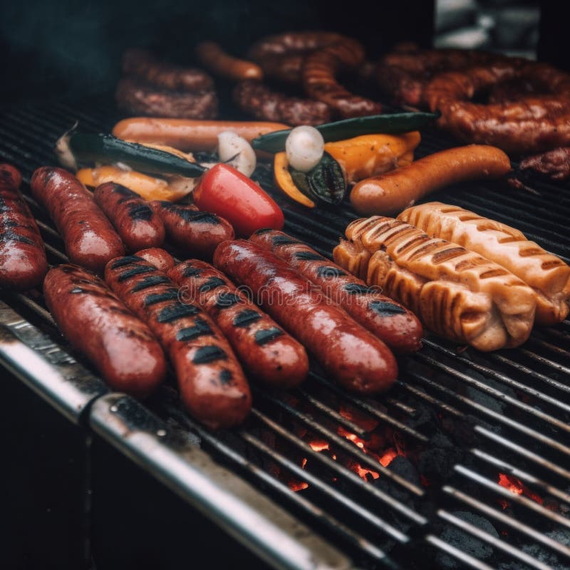 Un grill con diversi tipi di hot dog e salsicce ai. Un grill con diversi tipi di hot dog e salsicce generati dall'ai