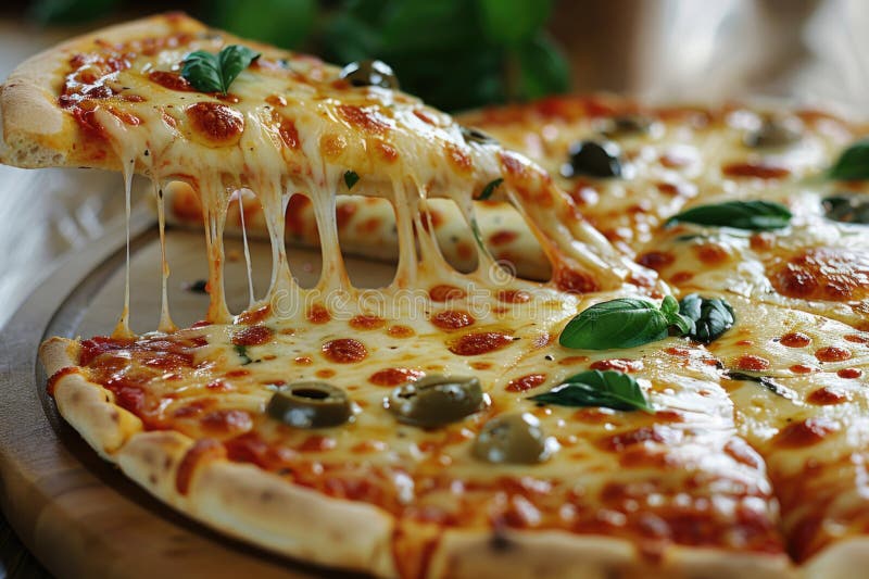 Un gros plan d'une tranche de pizza délicatement levée révélant le fromage fondu de goey et les garnitures tentantes photos stock