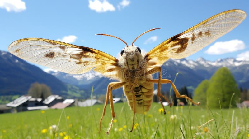 Un grosso insetto immaginario con un corpo bianco e marrone è seduto sulla cima dell'erba ai. Una grossa falena con un corpo bianco e marrone è seduta sopra l'erba generata dall'aria