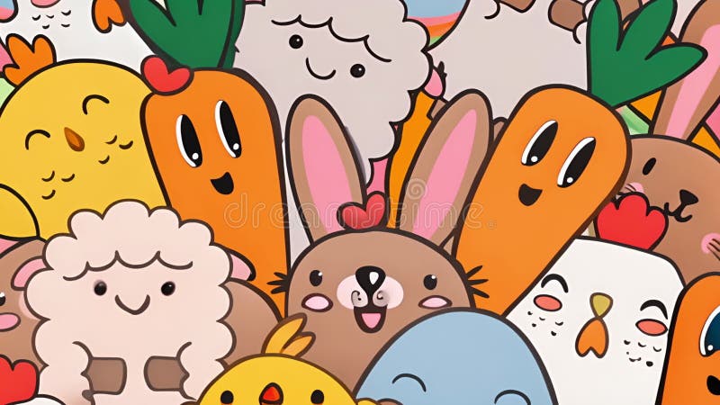 Un groupe d'adorables animaux animés et légumes aux expressions joyeuses illustration libre de droits