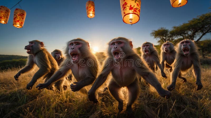 Un grup de babuini care aleargă spre apus cu lanterne royalty free illustration