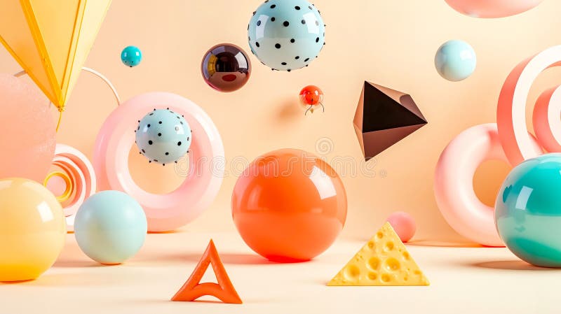 Un grup de baloane colorate și forme geometrice pe fond bej vector illustration