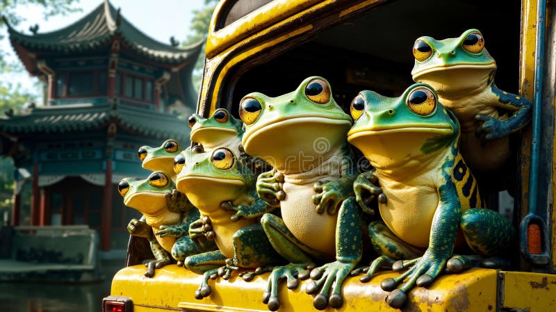 Un grup de broaște care stau deasupra unui camion galben stock photography