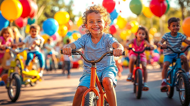 Un grup de copii care merg pe bicicletă cu baloane colorate în fundal royalty free stock photography