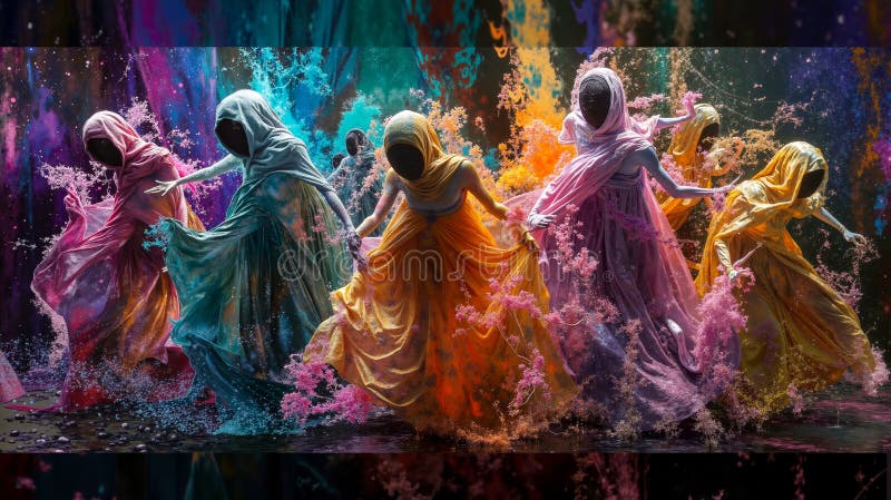 Un grup de femei dansând într-o rochie colorată stock image