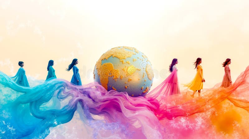 Un grup de femei stând în fața unui glob înconjurat de vopsea colorată royalty free stock photography