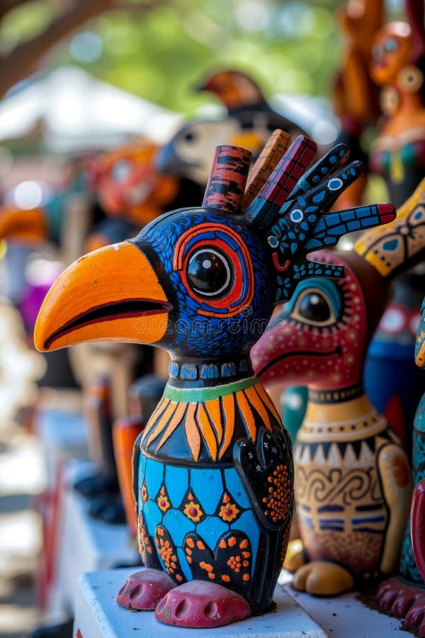 Un grup de figurine colorate pentru păsări care stau deasupra unei mese stock images