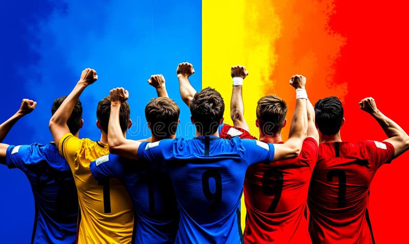 Un grup de jucători de fotbal ridicându-și mâinile în aer royalty free stock photos