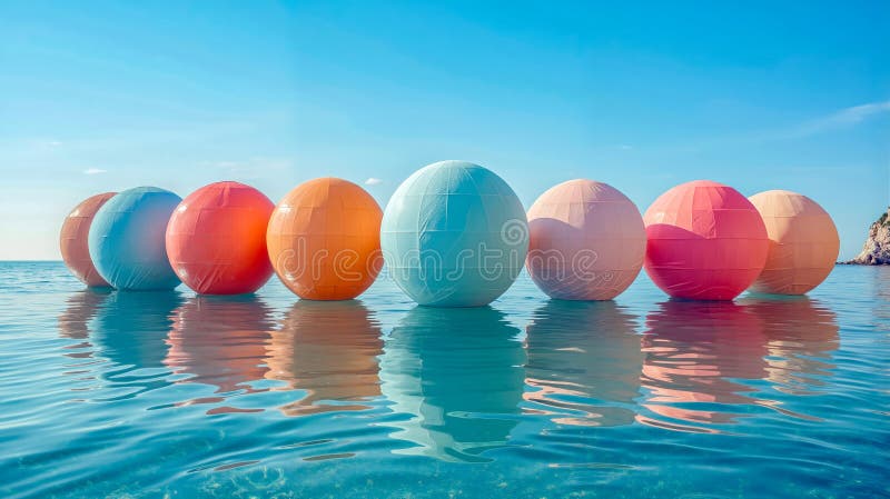 Un grup de mingi colorate plutind în ocean stock photos