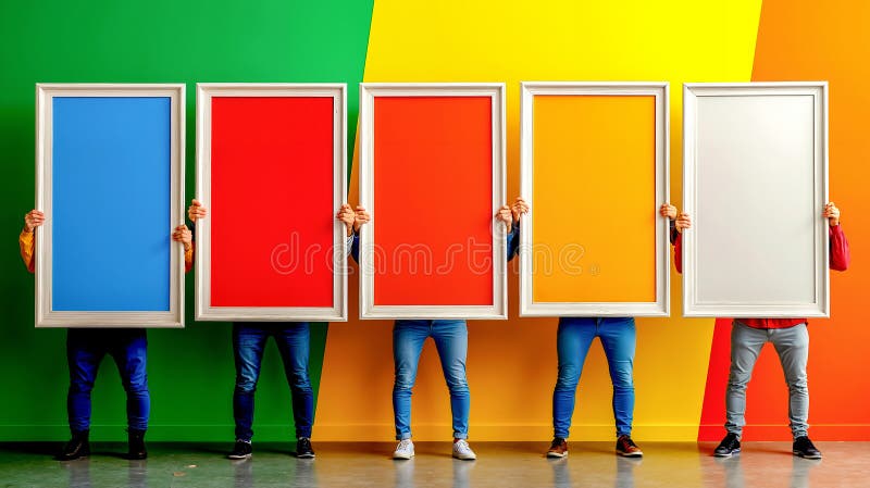 Un grup de oameni care țin patru poze înrămate în fața unui zid colorat stock image