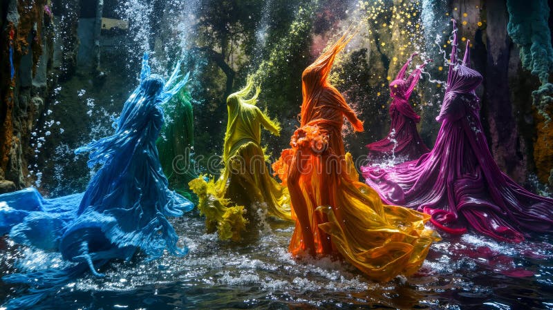 Un grup de oameni în rochii colorate dansând în apă royalty free stock photo