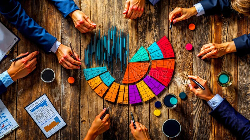 Un grup de persoane care stau în jurul unei mese cu o diagramă cu structură radială stock image