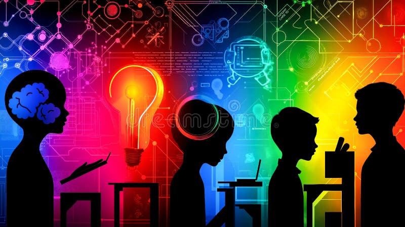 Un grup de persoane stând în fața unui fond colorat cu un bec royalty free stock images