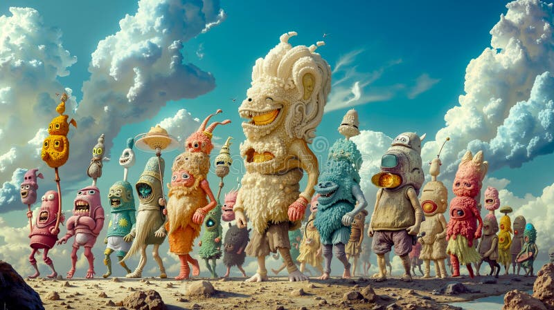 Un grup de personaje din desene animate care stau într-un peisaj pustiu royalty free stock images