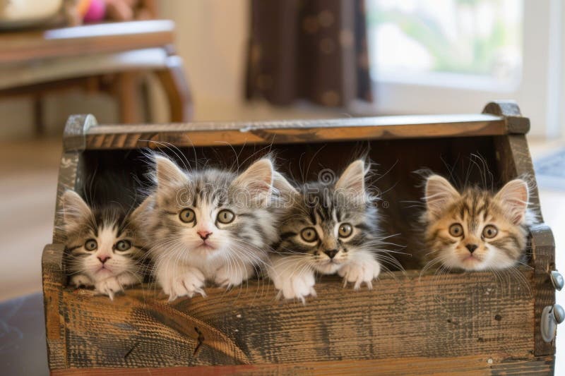Un grup de pisicuțe adorabile încolăcite într-o cutie de lemn royalty free stock image