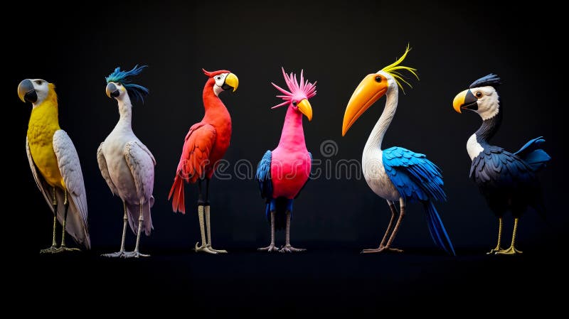 Un grup de păsări stând unul lângă celălalt pe fond negru vector illustration