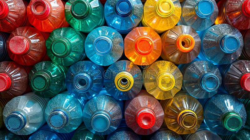 Un grup mare de sticle colorate din plastic stivuite unul peste celălalt royalty free stock image