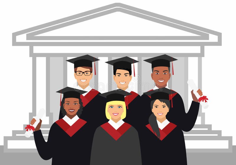 Un grupo de graduados de diversas nacionalidades en graduado del vestido en el fondo libre illustration Un grupo de graduados de diversas nacionalidades en graduado del vestido en el fondo libre illustration